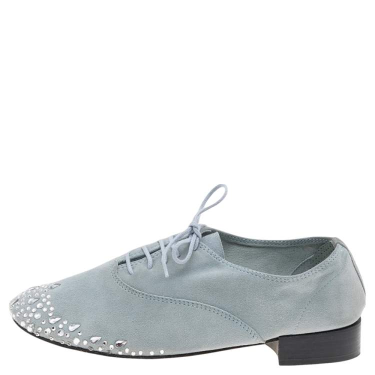 Pre Owned Repetto Blue Suede Crystal Embellished Oxfords Size 36
