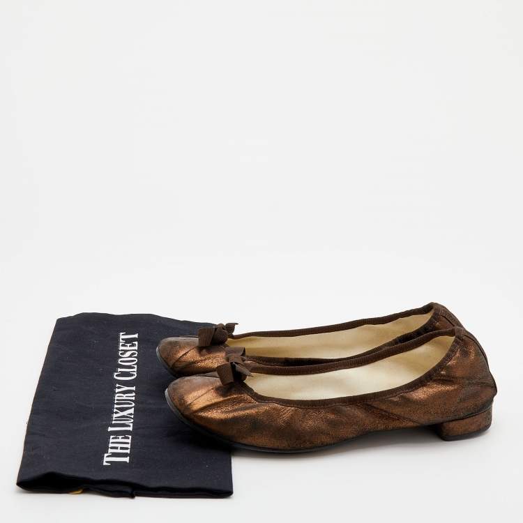 Pre Owned Repetto Metallic Bronze Suede Bow Ballet Flats Size 41