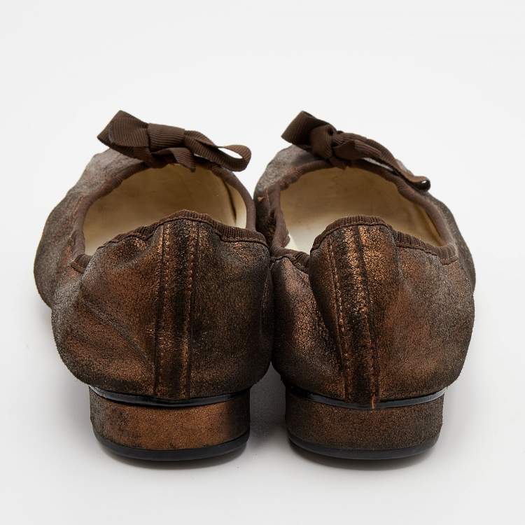 Pre Owned Repetto Metallic Bronze Suede Bow Ballet Flats Size 41
