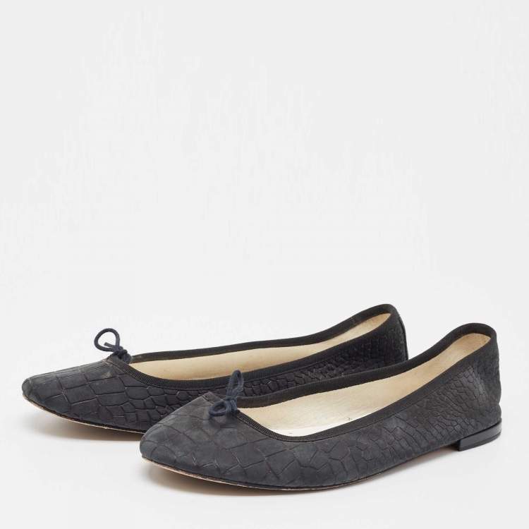 Pre Owned Repetto Black Croc Embossed Leather Bow Ballet Flats Size 42