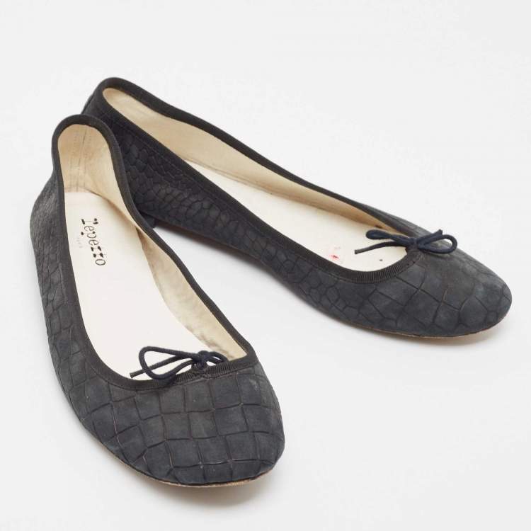 Pre Owned Repetto Black Croc Embossed Leather Bow Ballet Flats Size 42
