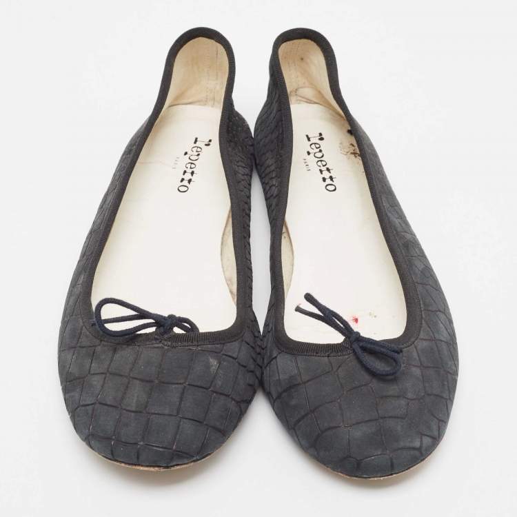 Pre Owned Repetto Black Croc Embossed Leather Bow Ballet Flats Size 42