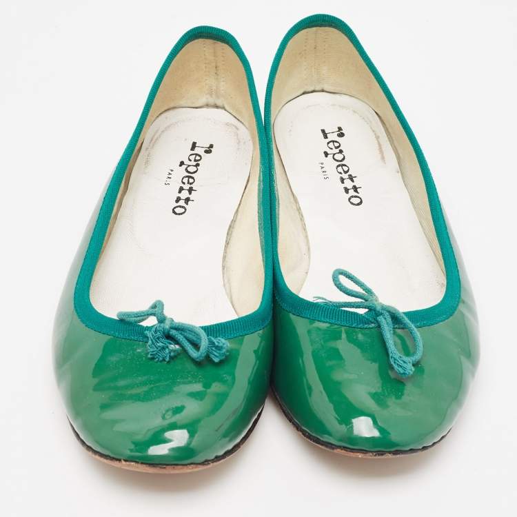 Pre Owned Repetto Green Patent Leather Bow Ballet Flats Size 38