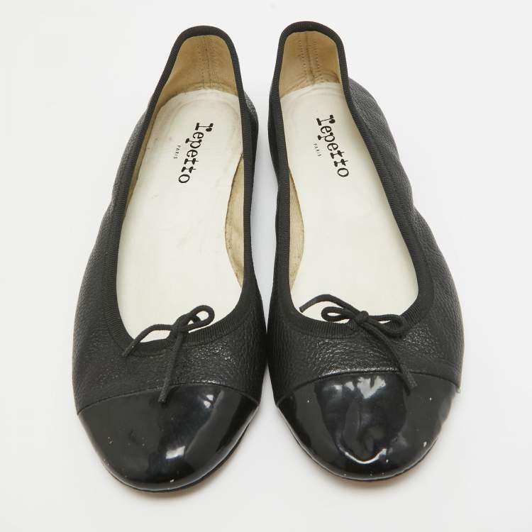 Pre Owned Repetto Black Leather and Patent Cap Toe Bow Ballet Flats Size 38