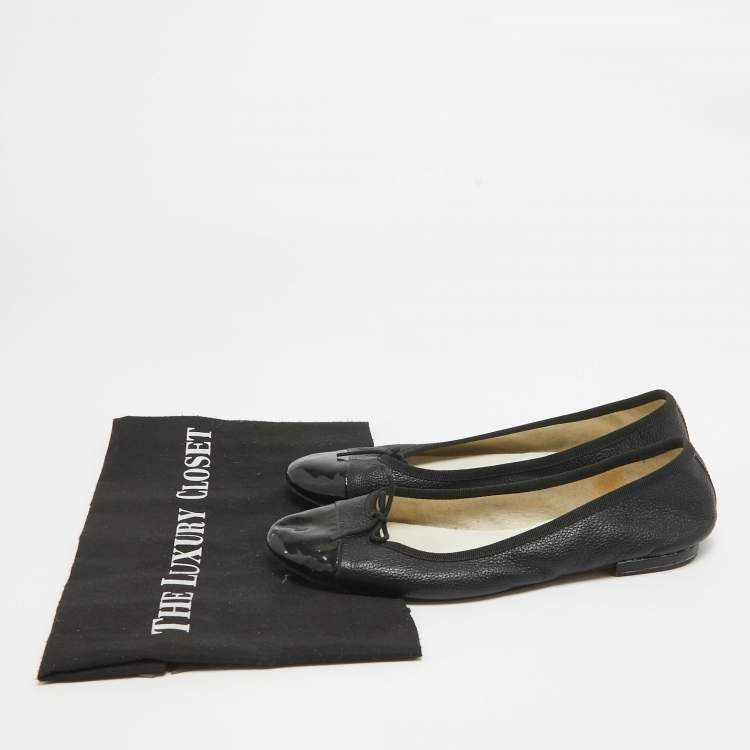 Pre Owned Repetto Black Leather and Patent Cap Toe Bow Ballet Flats Size 38