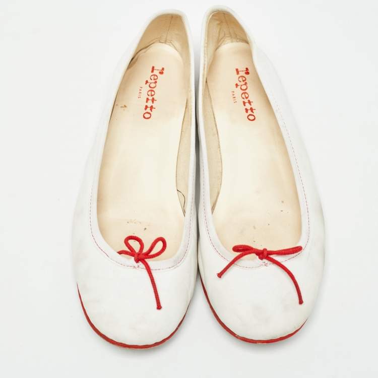 Pre Owned Repetto White Leather Bow Ballet Flats Size 39