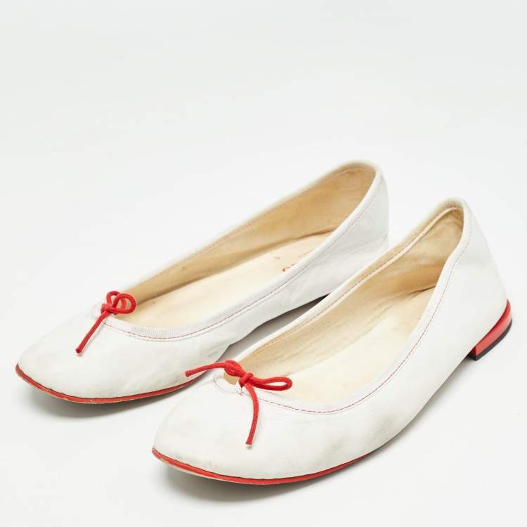 Pre Owned Repetto White Leather Bow Ballet Flats Size 39