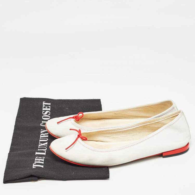 Pre Owned Repetto White Leather Bow Ballet Flats Size 39