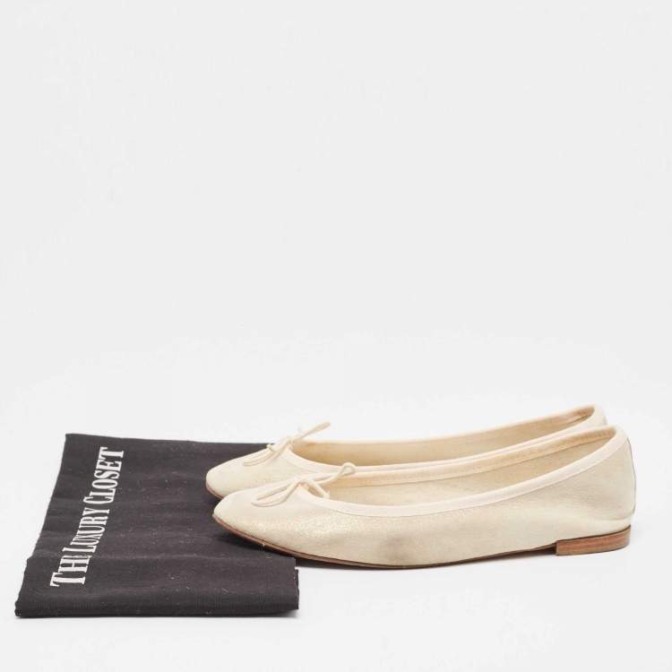 Pre Owned Repetto Cream Glitter Suede Bow Ballet Flats Size 38.5