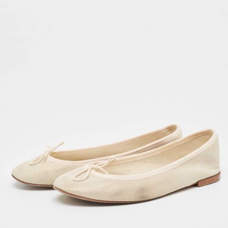 Pre Owned Repetto Cream Glitter Suede Bow Ballet Flats Size 38.5