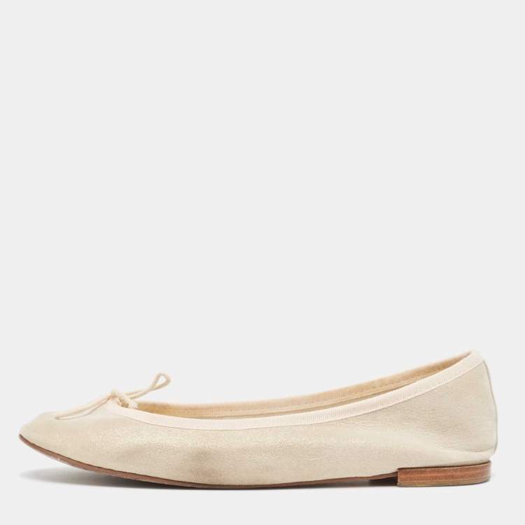 Pre Owned Repetto Cream Glitter Suede Bow Ballet Flats Size 38.5