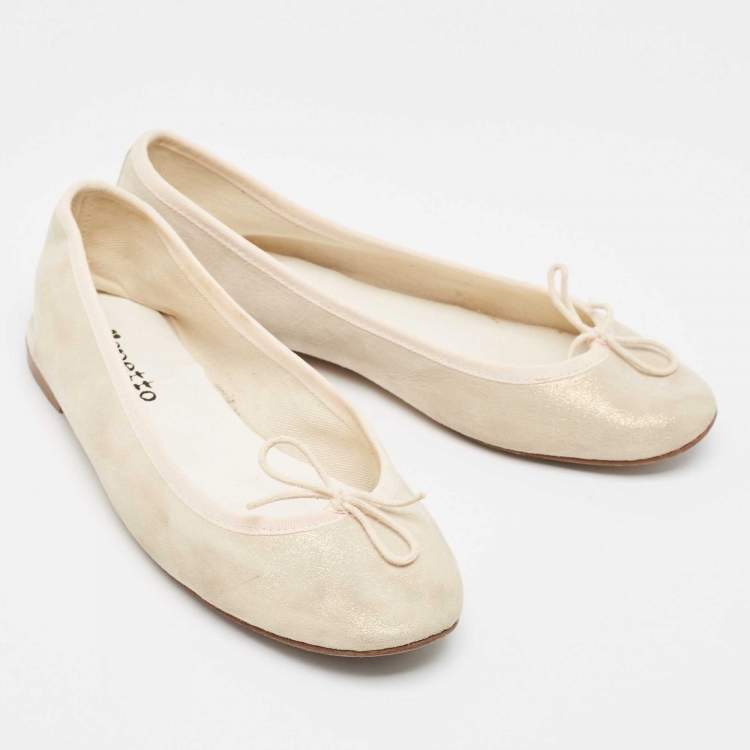 Pre Owned Repetto Cream Glitter Suede Bow Ballet Flats Size 38.5