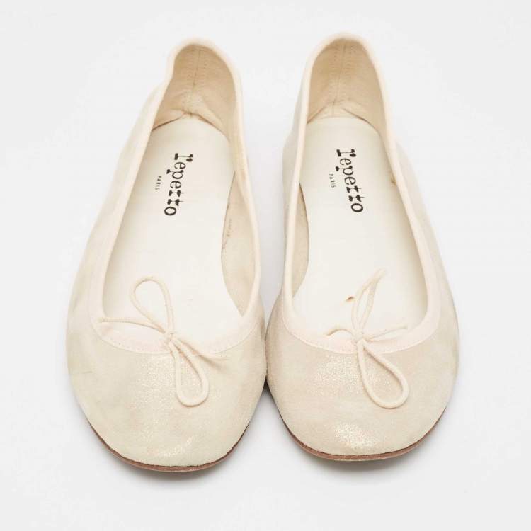 Pre Owned Repetto Cream Glitter Suede Bow Ballet Flats Size 38.5