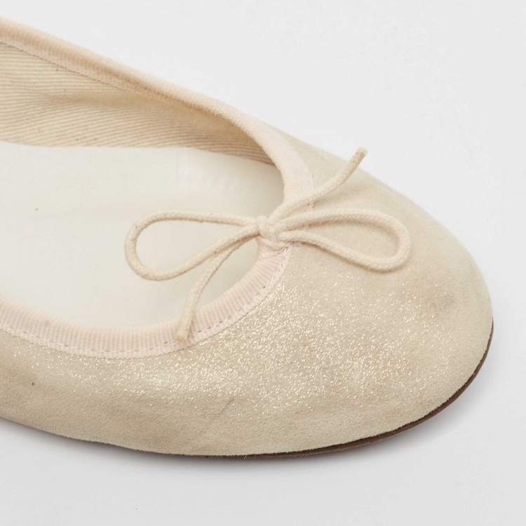 Pre Owned Repetto Cream Glitter Suede Bow Ballet Flats Size 38.5