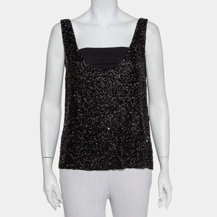 مملوكة مسبقًا Retrofete Black Sequin & Bead Embellished Synthetic Tank Top L