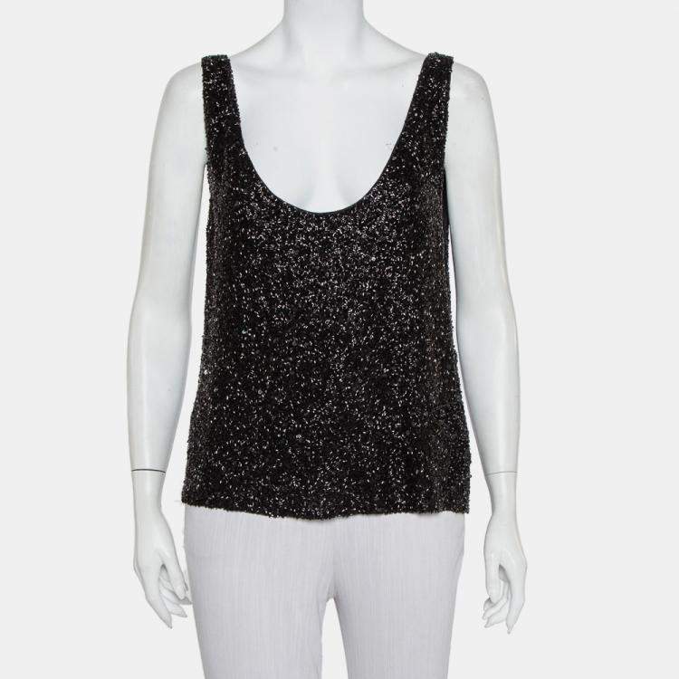 مملوكة مسبقًا Retrofete Black Sequin & Bead Embellished Synthetic Tank Top L