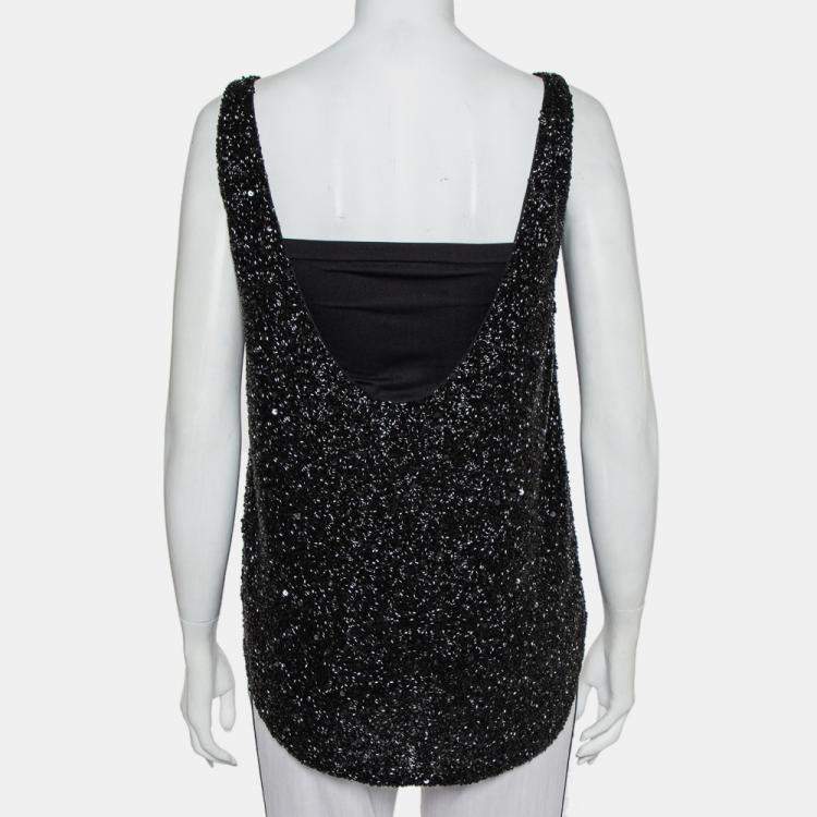 مملوكة مسبقًا Retrofete Black Sequin & Bead Embellished Synthetic Tank Top L
