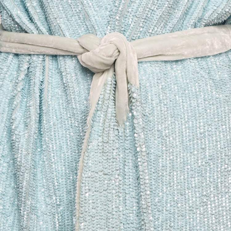 Pre Owned Retrofete Blue Velvet Trim Sequin Gabrielle Wrap Dress M