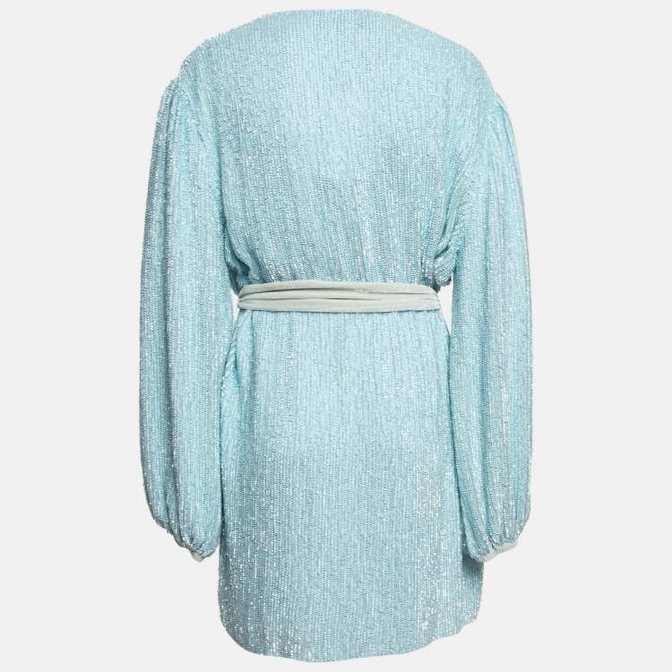 Pre Owned Retrofete Blue Velvet Trim Sequin Gabrielle Wrap Dress M