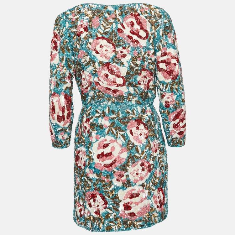 Pre Owned Retrofete Blue Floral Pattern Sequin Embellished Crepe Wrap Dress S
