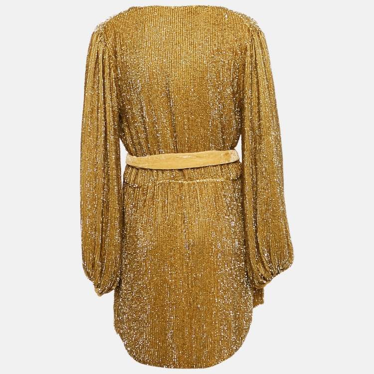 Pre Owned Retrofete Gold Sequin Embellished Velvet Trim Chiffon Belted Tunic XL