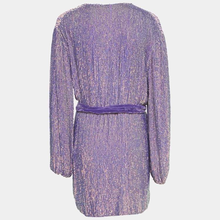 Pre Owned Retrofete Purple Sequin Belted Mini Wrap Dress XS