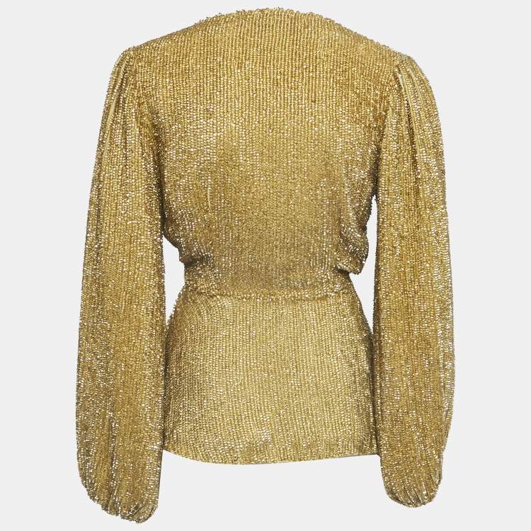 Pre Owned Retrofete Gold Sequin Velvet Trimmed Wrap Tunic S
