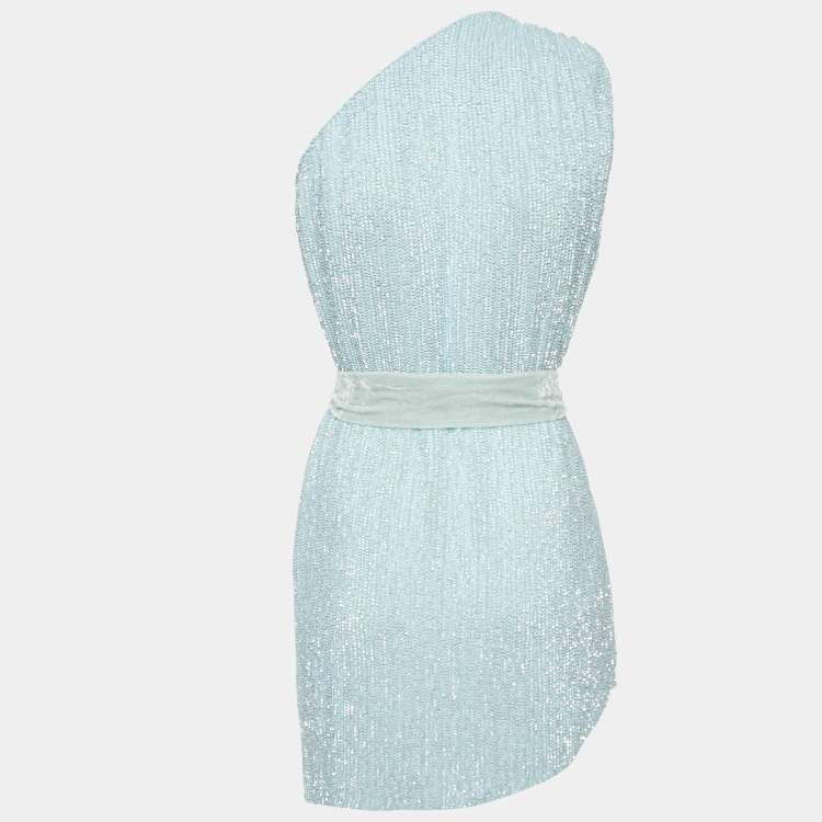 Pre Owned Retrofete Blue Velvet Trim Sequin One Shoulder Dress S