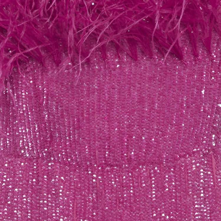 Pre Owned Retrofete Bright Pink Sequin Embellished Faux Feather Detail Strapless Mini Dress S