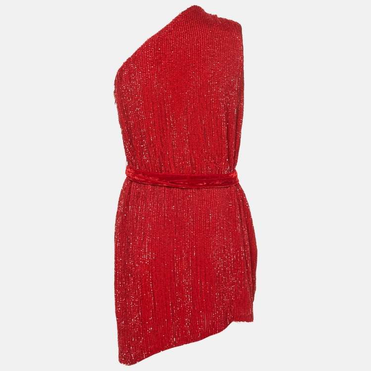 Pre Owned Retrofete Dark Red Sequin Belted One-Shoulder Mini Dress S