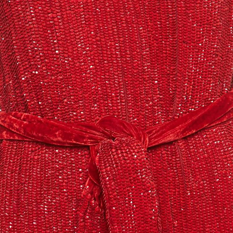 Pre Owned Retrofete Dark Red Sequin Belted One-Shoulder Mini Dress S