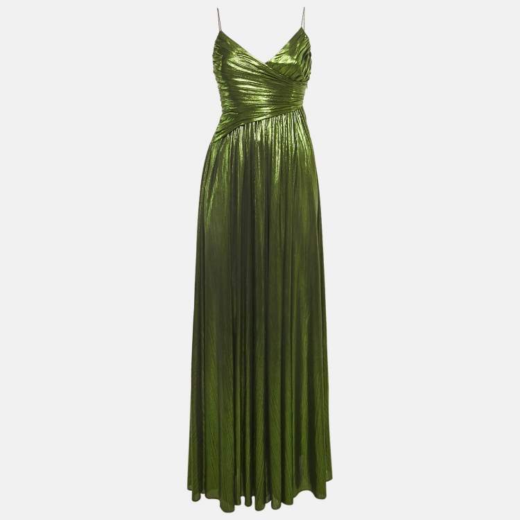 Pre Owned Retrofête Metallic Green Lamé V-Neck Draped Doss Maxi Dress XS