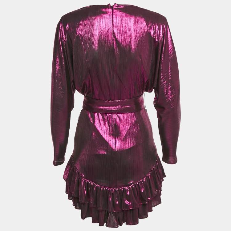 Pre Owned Retrofete Pink Lamé Belted Ruffle Detail Mini Dress S