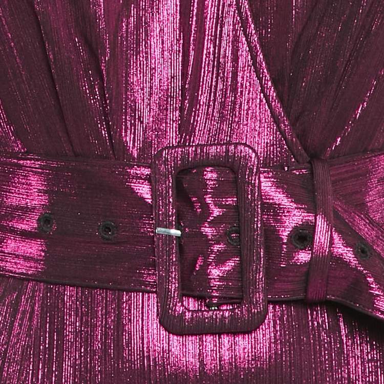 Pre Owned Retrofete Pink Lamé Belted Ruffle Detail Mini Dress S