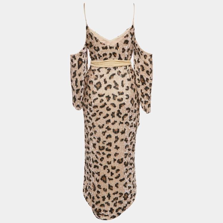 Pre Owned Retrofete Beige Leopard Print Sequin Belted Midi Dress XS