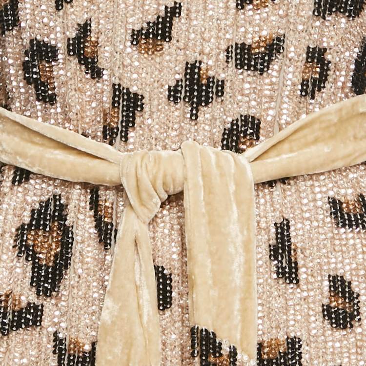 Pre Owned Retrofete Beige Leopard Print Sequin Belted Midi Dress XS