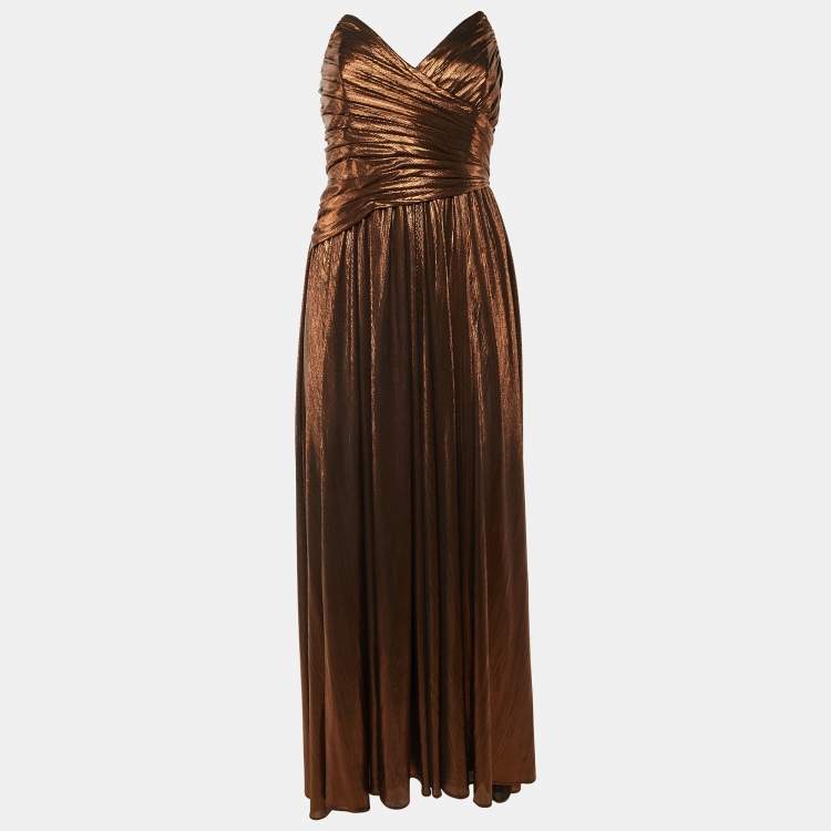Pre Owned Retrofete Metallic Brown Lame Waldorf Strapless Dress S