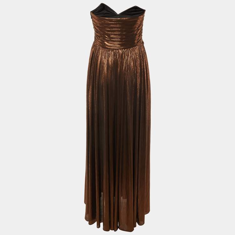 Pre Owned Retrofete Metallic Brown Lame Waldorf Strapless Dress S