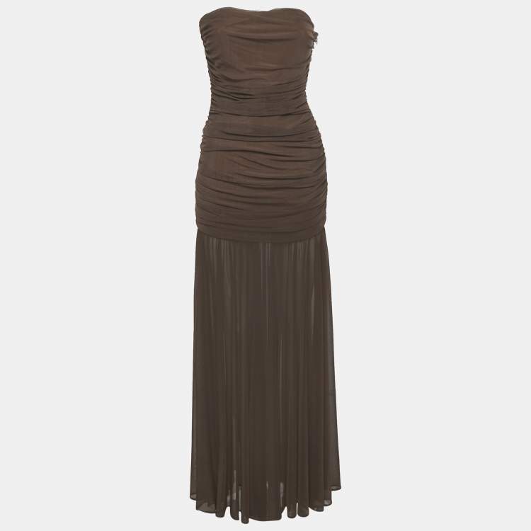 Pre Owned Retrofete Brown Stretch Mesh Ruche Adele Dress M