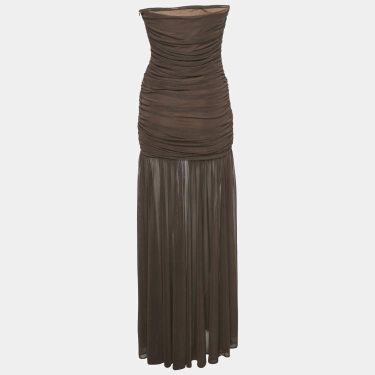Pre Owned Retrofete Brown Stretch Mesh Ruche Adele Dress M