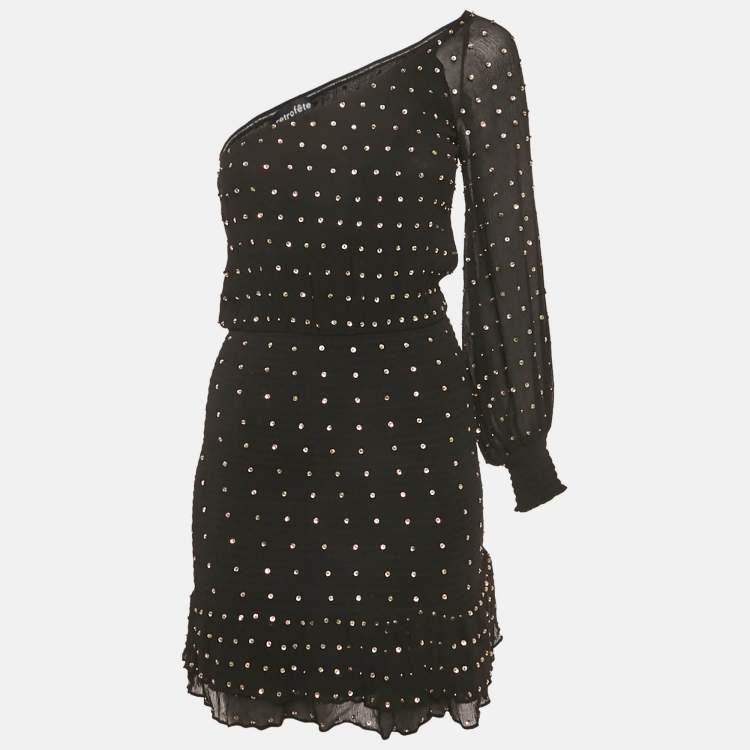 Pre Owned Retrofete Black Sequin Embellished Silk One Shoulder Mini Dress XS