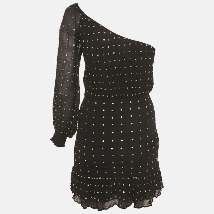 Pre Owned Retrofete Black Sequin Embellished Silk One Shoulder Mini Dress XS