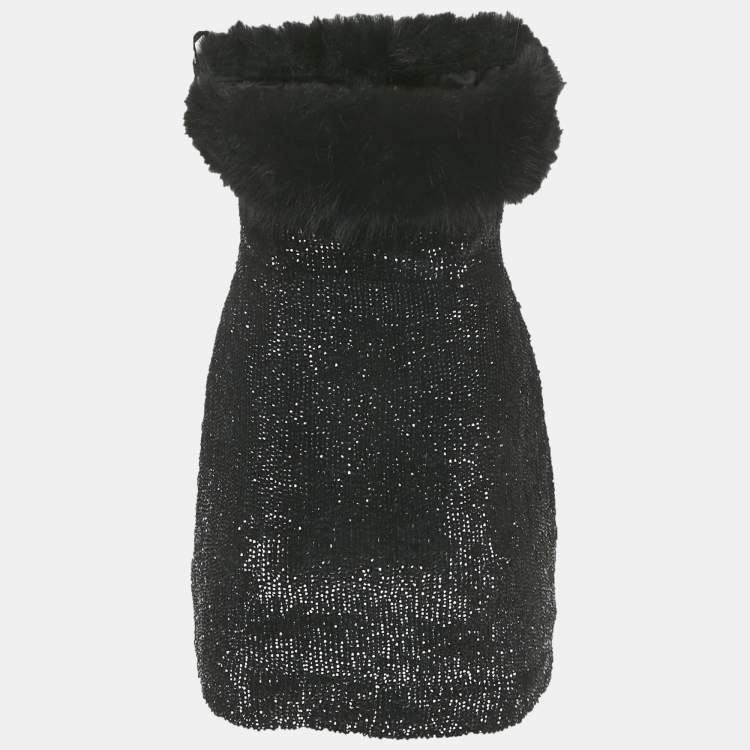 Pre Owned Retrofete Sequins Faux Fur Detail Strapless Mini Dress XS