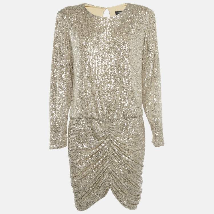 Pre Owned Retrofete Silver Sequin Jersey Flynn Ruched Mini Dress L