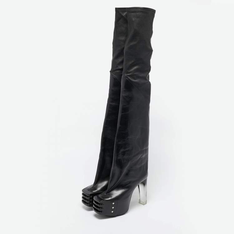 Pre Owned Rick Owens Black Leather Rhino Grilled Kiss Boots Size 37