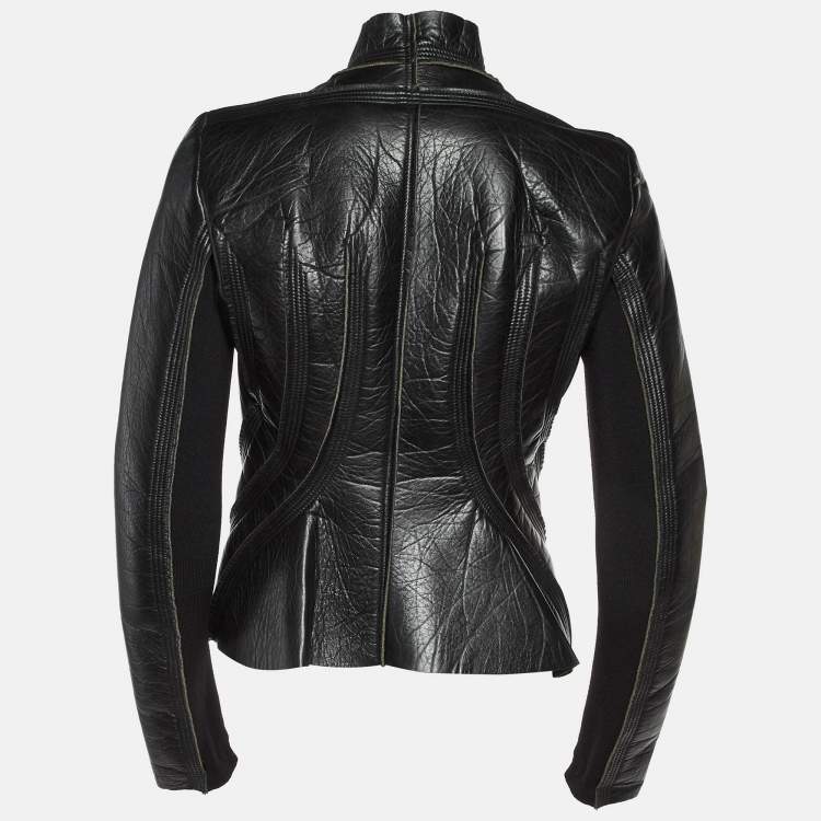 Pre Owned Rick Owens Black Leather Zip-Up Knit Paneled Biker Jacket M