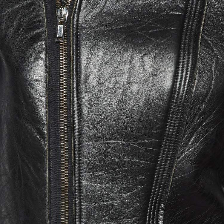 Pre Owned Rick Owens Black Leather Zip-Up Knit Paneled Biker Jacket M