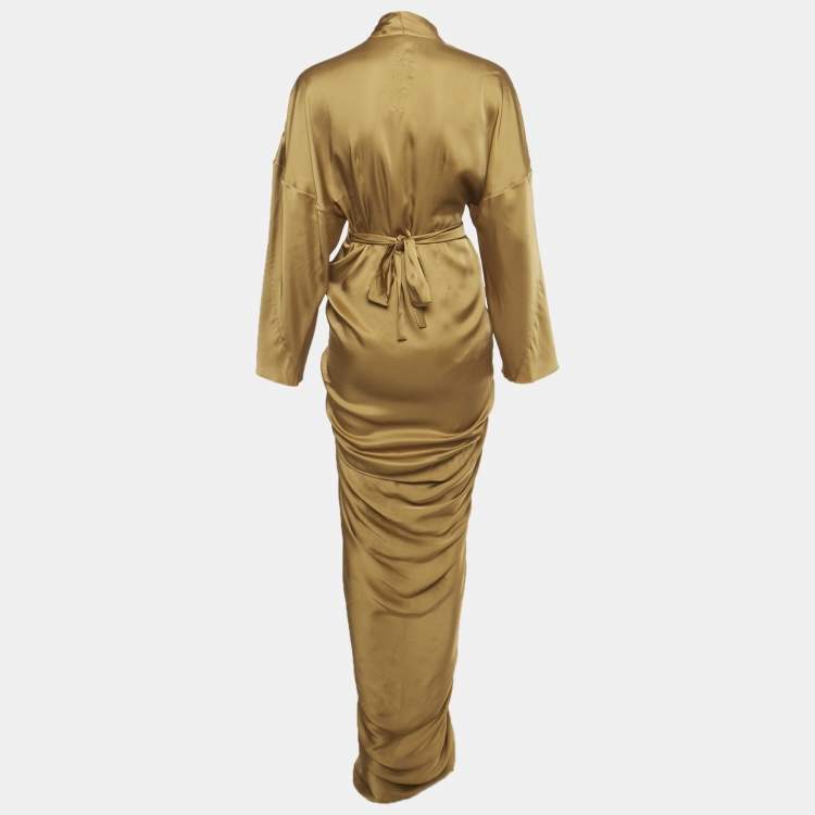Pre Owned Rick Owens Honey Brown Satin Long Wrap Dress M