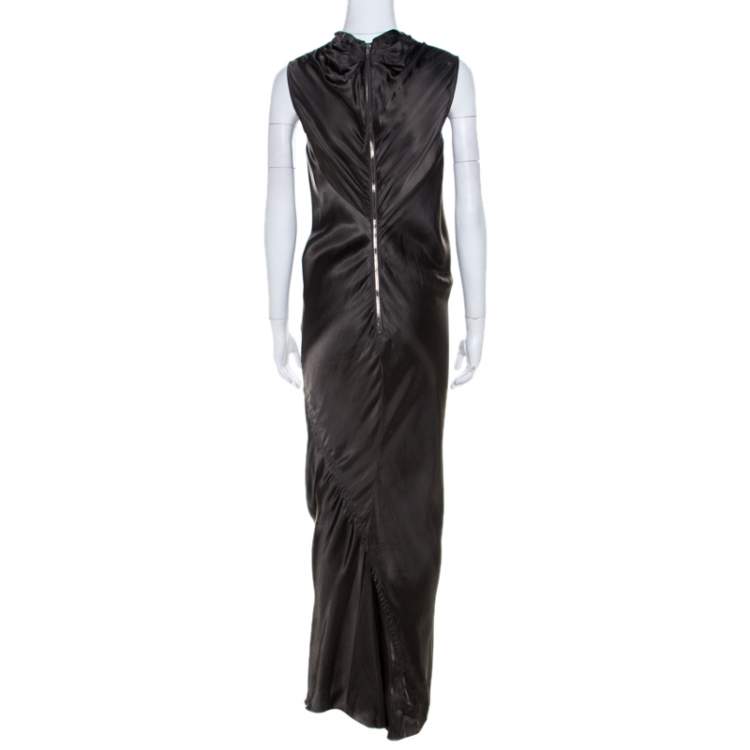 Pre Owned Rick Owens Dark Dust Grey Draped Satin Sleeveless Maxi Dress S