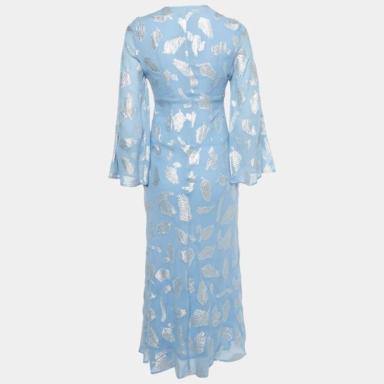 Pre Owned Rixo Simone Blue Lurex Brocade Crepe V-Neck Long Dress XXS